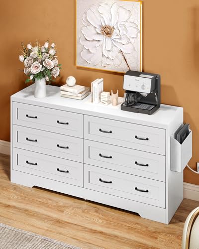 DWVO Farmhouse 6 Drawer Dresser for Bedroom, 59.5 Inch Large Modern Dresser TV Stand with Large Drawers & Bar Handles, Storage Dressers with Power Outlets, Rustic Wood Chest of Drawers, White New