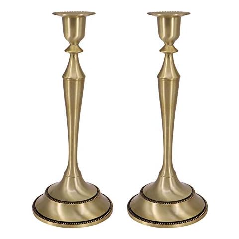 QTKJ Set of 2 Brass Gold Metal Taper Candle Holders Dining Room Table Decoration Centerpiece Tall Candlestick Stand for Dinner Wedding Home Ornaments Cover