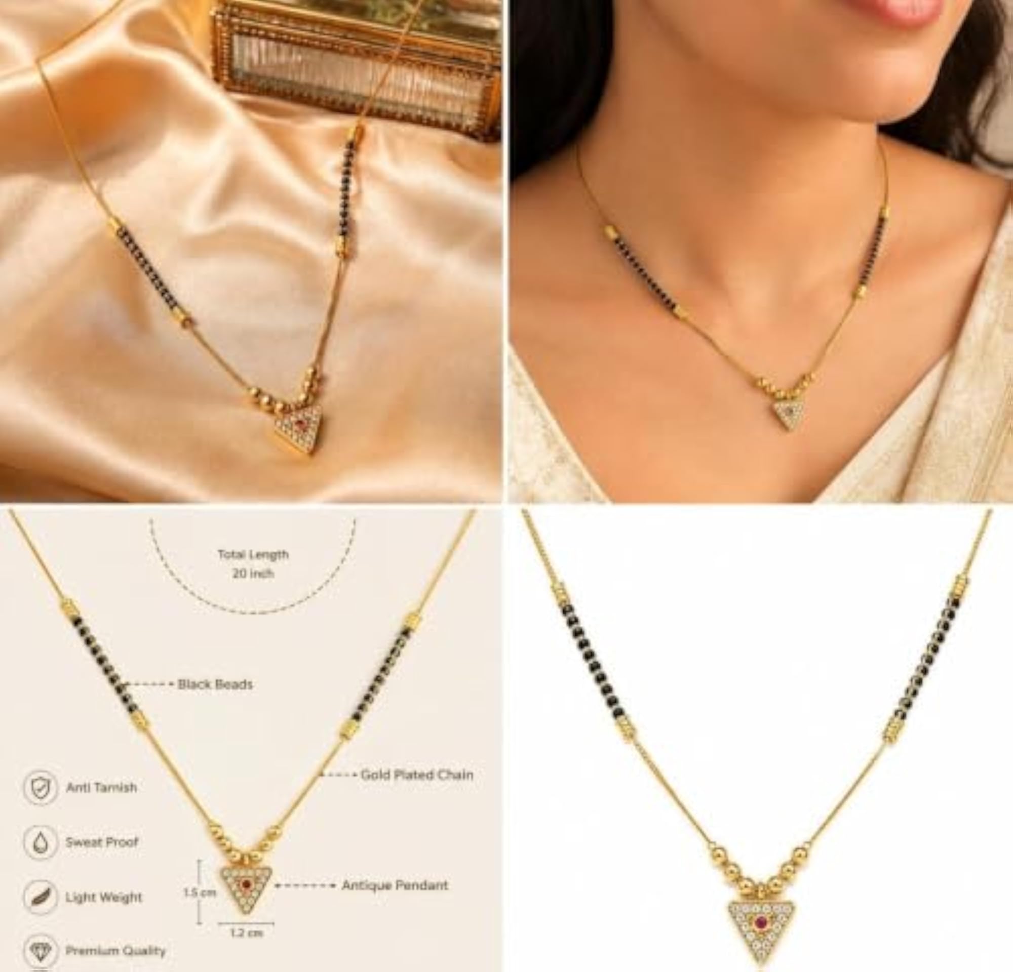 Gold Plated Mangalsutra with Triangle CZ Pendant, 20 Inch