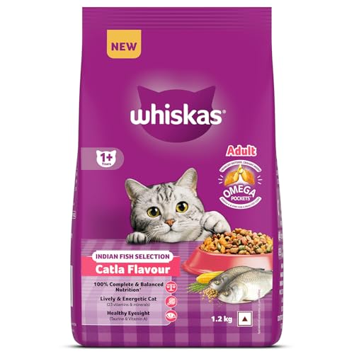 Image of Whiskas Adult (1+ Years) Dry Cat Food, Catla Fish Flavour, 1.2 kg, Powered with 40 Essential Nutrients, Complete & Balanced Nutrition for Adult Cats