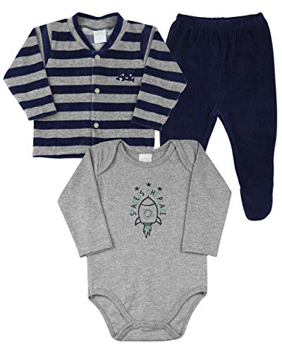 Conjunto Bebê Plush Listrado, Suedine e Plush Liso Space Is The Place - Azul Jeans M