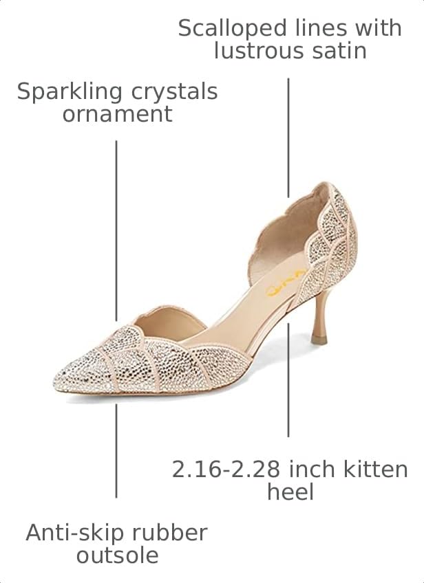 Image of XYD Women's Pumps, Elegant Pointed Toe, D'Orsay Kitten Low Heels, Rhinestone Studs, Slip-On Satin Shoes for Wedding