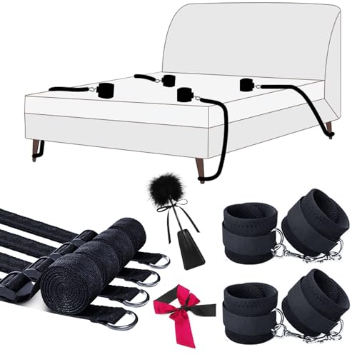 Image of Sex Bondage BDSM Bed Restraints, Couples Sex Toys 75'' Bondage Sex Straps Restraints Set Adjustable with Handcuffs Blindfold Tickler, BDSM Kit Couple Adult Toy