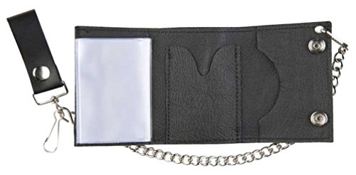 Motorcycle Men's Tri-Fold Biker Chain Wallet, Black Genuine Leather TC304-232