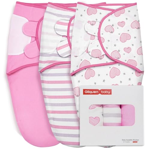 Image of GLLQUEN BABY Swaddles for Newborns - 3 Pack Baby Adjustable Swaddle Sleep Sack for Boys and Girls 0-3 Months,Baby Wrap Swaddle Sack, Stripe & Heart, Nursery Essentials