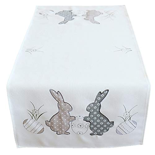 House and Decorative Easter Table Runner Cream White with Rabbit Appliqué and Easter Eggs Flower Embroidery, Polyester, grey, 40x85 cm