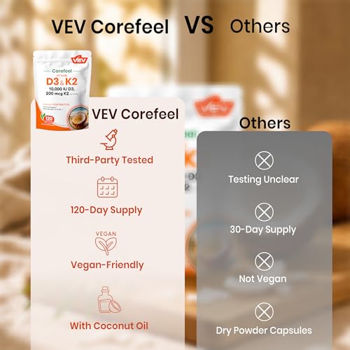 Image of VEV Corefeel Vitamin D3 K2 10,000 IU, 200 mcg MK-7, 120 Coconut Oil Softgels, 2-in-1 Vitamins D & K, Easy to Swallow