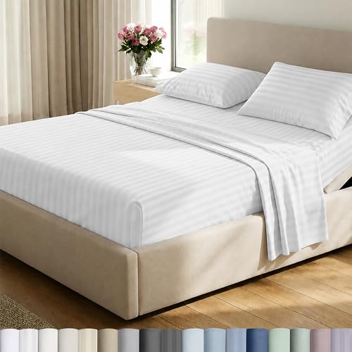 Image of California Design Den 500TC 100% Cotton Split King Sheets Set, White Stripe | Good Housekeeping Seal, OEKO-TEX Certified, Silky-Soft Sateen Weave, 5pc Set, 15 inch Deep Pockets, For Hot Sleepers, All-Season