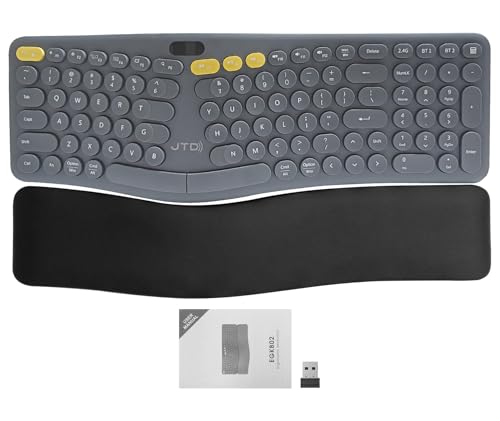 J-Tech Digital ProType S Wireless Ergonomic Keyboard, LCD Display, 2.4G & Bluetooth, Rechargeable, Split Design,Detachable Palm Rest for Windows,Mac – Quiet Mechanical for Office, Coding, Long Nails
