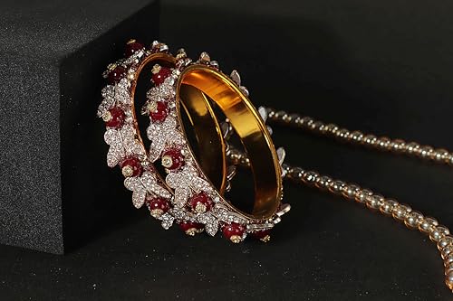 Image of LAVAZZA Stylish Butterfly Design Golden Metal with Zircon Diamond & Pearls Moti Bangles Kada For Women & Girls | Traditional Girl's Bangles Bracelet | Women's Kangan Wedding, Party-Set of 2