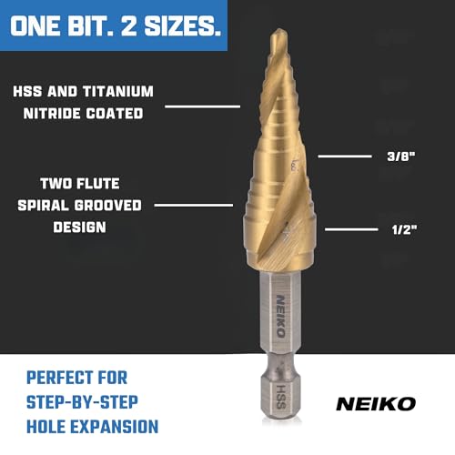 Image of NEIKO 10617A Step Drill Bit, 2 Steps 3 /8 inch to 1 /2 inch Spiral High Speed Steel, Titanium Nitride Coated, 1 /4 inch Quick Change Step Bits for Steel, Metal, Wood, Plastic, Unibit Cone Drill Bits, Two Flute