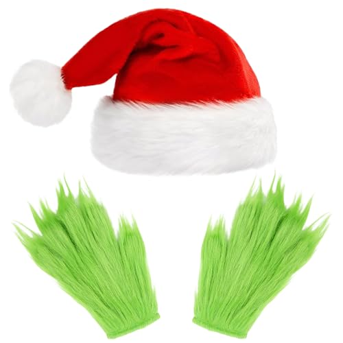 WEITAPYT Acessórios disfarce natalício, gorro pai Natal, luvas verdes, barba verde, gorros de Natal para adultos, acessórios de disfarce de pai Natal para festas de Natal, carnaval e cosplay, b