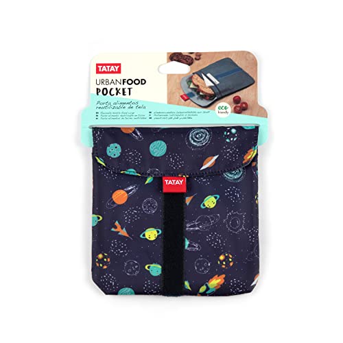 TATAY Sandwich Beutel - Urban Food Textile Pocket | Verstellbarer Brotbeutel Klettverschluss | PEVA-Innenfutter Wasserdicht | BPA-frei | 18x0,3x18 cm, Blau mit Planeten