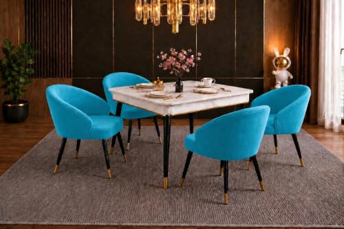 Image of WOODEN SPACE 4 Seater Wooden Dining Table Set | Urban Marble Top Dining Table with Chairs for Dining Room & Kitchen (Modern Classic Sky Blue) (42 x 42 x 30 inch)