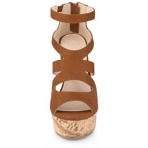 Allegra K Women's Platform Peep Toe Cutout Caged Cork Brown Wedge Heel Sandals 7.5 M US