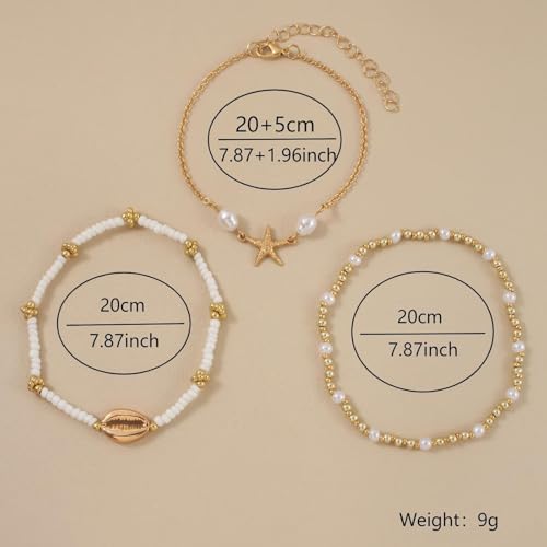 Image of Shell Bracelet,Gold Plated Starfish Ankle Bracelets for Women Waterproof Stack Beaded Anklet Boho Hawaiian Vacation Beach Jewelry Gifts