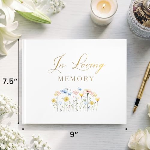 Image of Funeral Guest Book for Memorial Service, in Loving Memory 9x7.5 | 330 Guest Entries, Table Sign Included, Gold Stamping, Wild Floral Design, Celebration of Life Keepsake