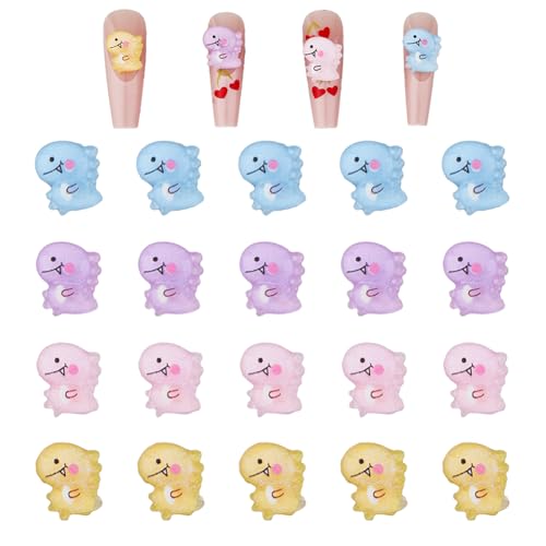SUPERFINDINGS 80Pcs 4 Colors Glitter Dinosaur Nail Charms Translucent Resin Cabochons Pink Blue Purple Yellow Nail Art Decoration Accessories 3D Dinosaur Nail Studs Transparent Dinosaurs Nail Patches