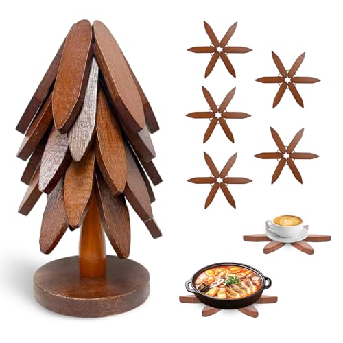 Untersetzer Holz Set für Heiße Gerichte Faltbare Baum Holzuntersetzer Weihnachtsbaum Topfuntersetzer für heiße Töpfe und Geschirr Heiße Getränke Teekanne Küchen und Tischdekoration 5 Stück Baumsetzer