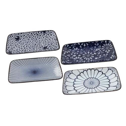 PEPLAYTAL 4 Piezas Platos Rectangulares Japoneses de Cerámica con Diseño y Acabado Bajo Esmalte Bandejas para Sushi Ensaladas Postres y Aperitivos Apilables y Aptos para Lavavajillas