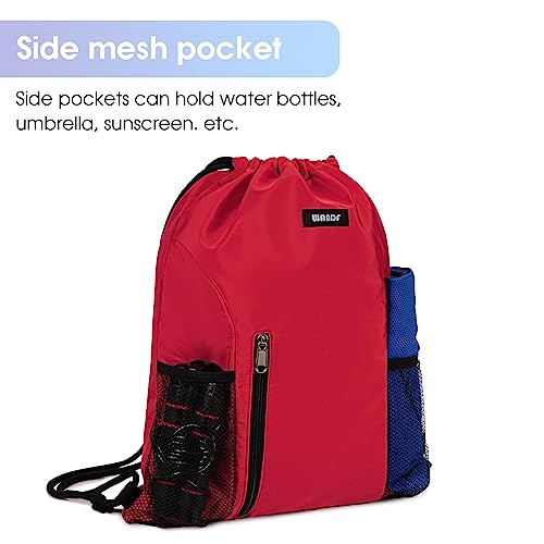 Image of WANDF Drawstring Backpack Sports Gym Sackpack with Mesh Pockets Water Resistant String Bag for Women Men (Red)
