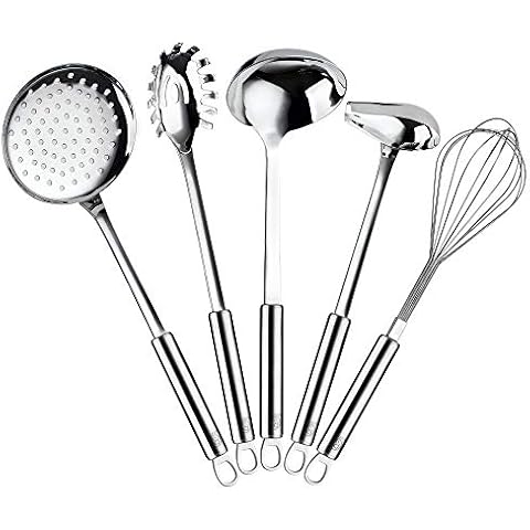 RJ Legend, Cooking Utensils Set, Kitchen Gadgets, 5 Serving Spoons with Hanging Hooks, Heat Resistant, 304 Stainless Steel | Gravy Ladle, Oil Skimmer, Egg Beater Whisk, Pasta Strainer, Soup Ladle Cover