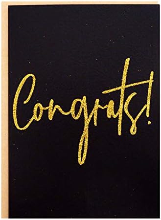 Congratulations Card - 2 Pack "Congrats!" Greeting Card in Gold Glitter Letters on Black Textured Paper with Kraft Envelope - 5" x 7" Blank Inside - For Graduation, Promotion, Engagement, Announcement