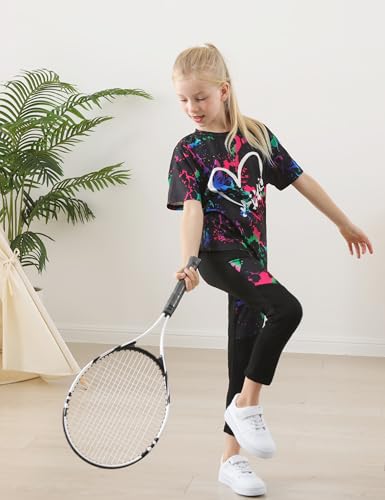 Image of Girls 2 Piece Outfits Kids Clothes Pants Sets Print Short Sleeve Top Leggings Spring Summer Tracksuit 4-13Y