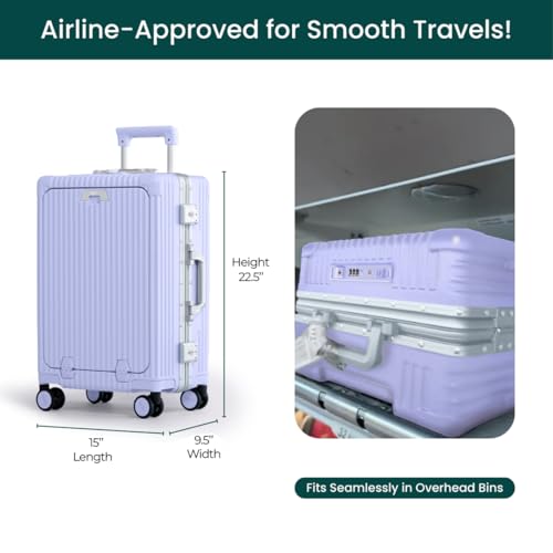 Nobl Travel Carry On Luggage, Noble Zipperless Aluminum Frame PC Hard Shell Suitcase, 22.5x15x9.5 Airline Approved, 360° Spinner Wheels, TSA Locks, USB Charging Port, Cup & Phone Holder - Lavender4