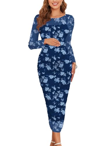 AISWI 2024 Women's Maternity Floral Print Mesh Dress Ruched Side Bodycon Long Sleeve Round Neck Maxi Pregnancy Dresses, Floral Dark Blue, XX-Large