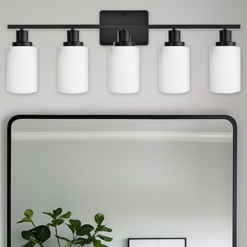 Image of LOUSACE 5 Light Matte Black Vanity Light Bathroom Lighting Fixtures Over Mirror with Opal White Frosted Glass Shade, Vanity Light Fixtures for Bathroom Bedroom Living Room