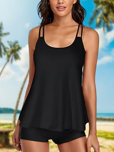 Womens Tankini Swimsuits Tummy Control Flowy Swimwear Bathing Suits Swim Tank Top with Boyshorts Two Piece