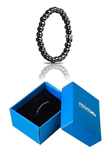 Pera Petra Beaded Hematite Elastic Ring - Hematite Crystal Ring For Women, Healing Beaded Rings For Men, Absorbs Negative Energy, Natural Stone Ring With 2Mm Beads (Large Size) #TOP2