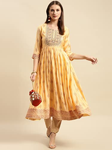 Image of rangita Yellow Viscose Blend Calf Length Embroidered Flared Kurti for Women | Kurta for Women