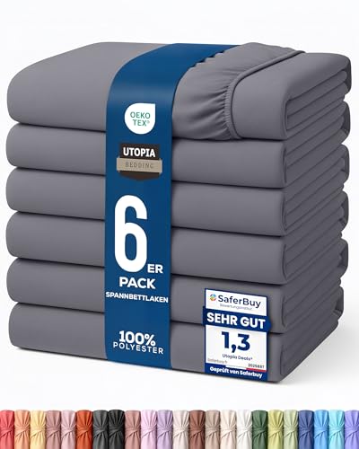Utopia Bedding - 6er Set Spannbettlaken 90 x 200 cm - Grau - Gebürstete Mikrofaser Spannbetttuch - 35 cm Tiefe Tasche