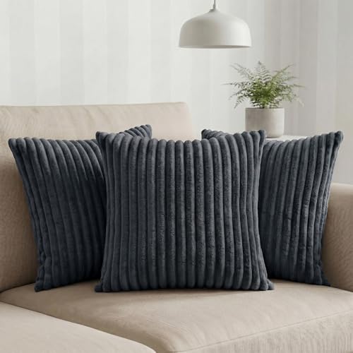 Image of Yellow Weaves Pencil-Stripe Fur Cushion Covers | Soft Polyester | Decorative Sofa & Throw Pillow Covers | 16x16 Inches, Pack of 3 (Bluish Grey)