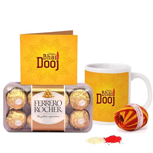 Image of TIED RIBBONS Bhai Dooj Gift Set for Brother Combo Pack - Coffee Mug with Chocolates and Kalawa Moli Roli Chawal Tikka
