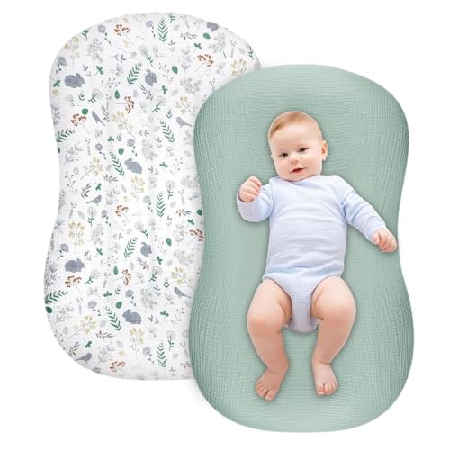 Jundetye Muslin Baby Lounger Cover, 2 Pack Muslin Cotton Newborn Lounger Cover for Girls Boys, Soft Removable Slipcover for for Infant Lounger, Green Rabbit
