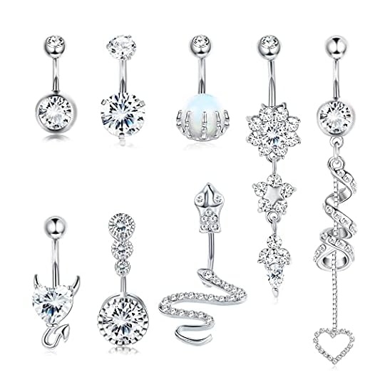 
                            Jstyle 8Pcs 14G Belly Button Rings Dangle for Women Stainless Steel Snake Skull Hand with Opal Clear CZ Navel Rings Body Piercing Jewelry
                        
