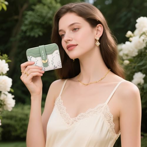 Image of BIAOTIE Wallet for Women Cute Floral Flower Wallet RFID Credit Card Holder Purse Small Bifold Zipper Coin Pocket Purse with ID Windows (Green Fl)