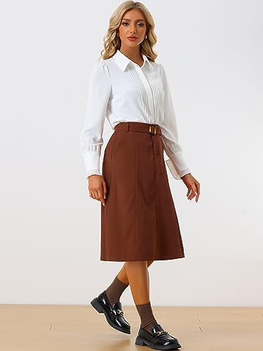Allegra K Women's High Waist Elastic Back A-Line Belted Winter Fall Midi Corduroy Skirt3
