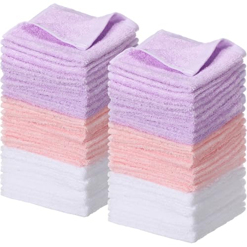 Newwiee 40 Pcs Cotton Face Wash Cloths,10 X 10 Inch,White, Purple, Pink