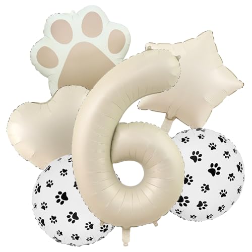 Image of 6th Birthday Dog Paw Balloons Set,18'' Paw Prints, Heart,Star,Paw Shaped Foil Balloon 40 Inch Cream Number 6 Helium balloons for Puppy Themed Third Anniversary Birthday Party Decorations Supplies 6PCS