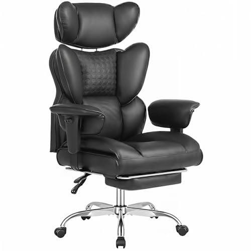 DUMOS Big and Tall Home Office Desk Chair, Gaming Computer Chair, Executive Ergonomic Chair with Footrest, High Back Reclining, Adjustable Armrests and Comfy Lumbar Support, PU Leather, Black