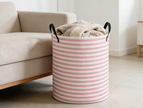 Image of ESSME Kids Laundry Basket,Pink Hamper Collapsible Canvas Waterproof Storage Bin for Girls, Cute Hamper,Gift Baskets(Pink stripes)