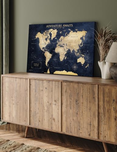 Image of IPIC - World Map Canvas Painting for Wall Decor, Pinnable World Map to Mark Travels, World Travel Map Print for Home, Office, Study, and RV, Ready to Hang
