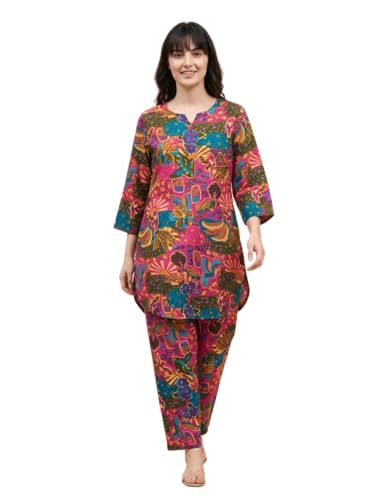 Image of Bee M Pee Designer Trendy Floral Printed Poly Rayon Cotton Kurta Coord Sets for Women | Stylish Casual Kurti Tunic Cord Set with Pant for Woman for Office