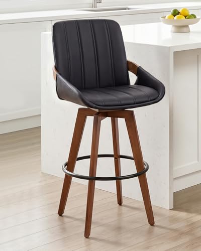 Image of AQG Black Bar Stools 26 Inch Counter Height Set of 2 Leather Counter Stools with Backs, Mid Century Modern Swivel Counter Height Stools, Upholstered Barstools Wood Frame for Kitchen Counter