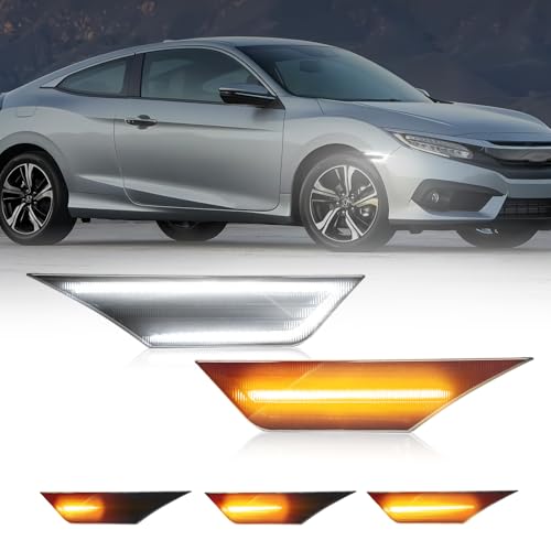 AUTOONE Switchback LED Side Marker Lights Compatible With 10th Gen Honda Civic 2016-2021, Amber Yellow Turn Signals & White Daytime Running Lights, Smoked Lens, Pack of 2 Amber & White