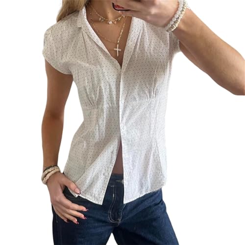 Image of Y2k Girls Vintage Coquette Button Down Shirt Women Short Sleeve V-Neck Slim Fitted T-Shirt Cute Blouse Crop Top